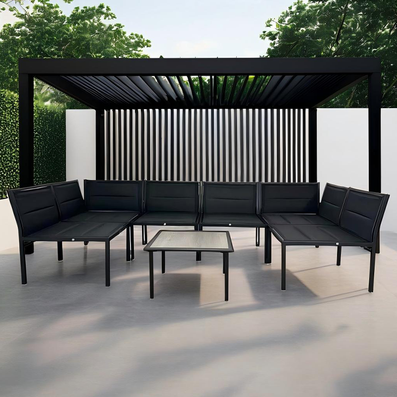 Mirador de patio retráctil tipo pérgola con cubierta exterior resistente a los rayos UV y estructura de acero resistente